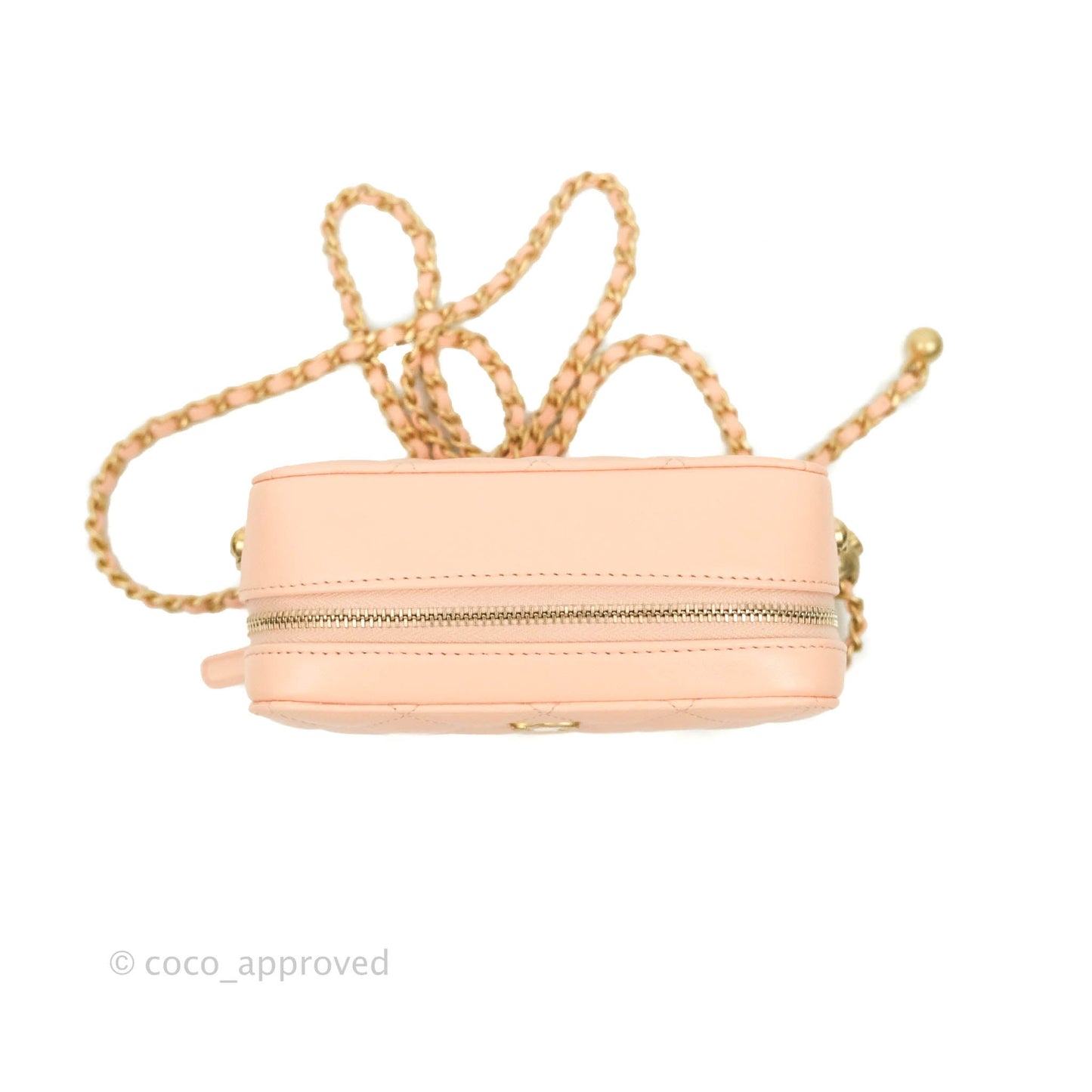 Chanel Mini Pearl Crush Quilted Camera Case Beige Pink Lambskin Aged Gold Hardware
