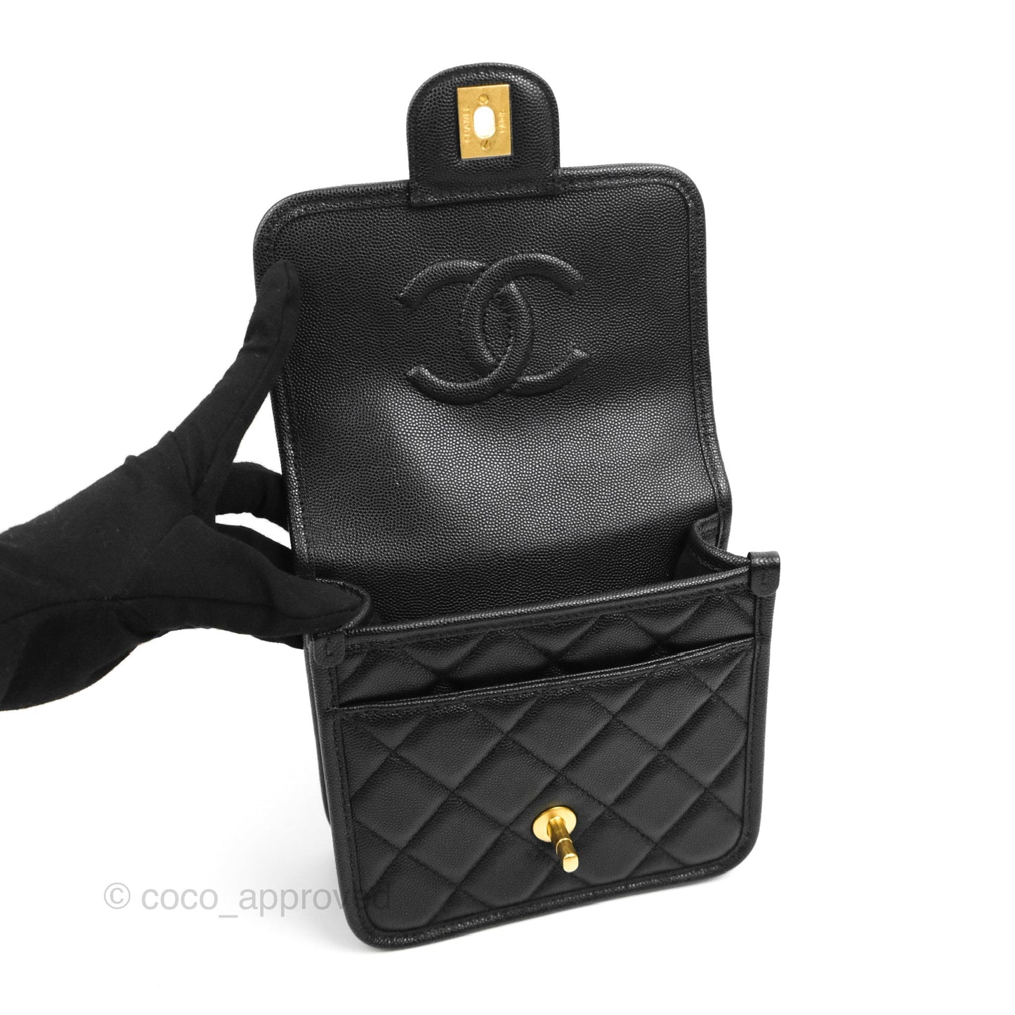 Chanel Mini School Memory Top Handle Flap Bag Black Caviar Aged Gold Hardware
