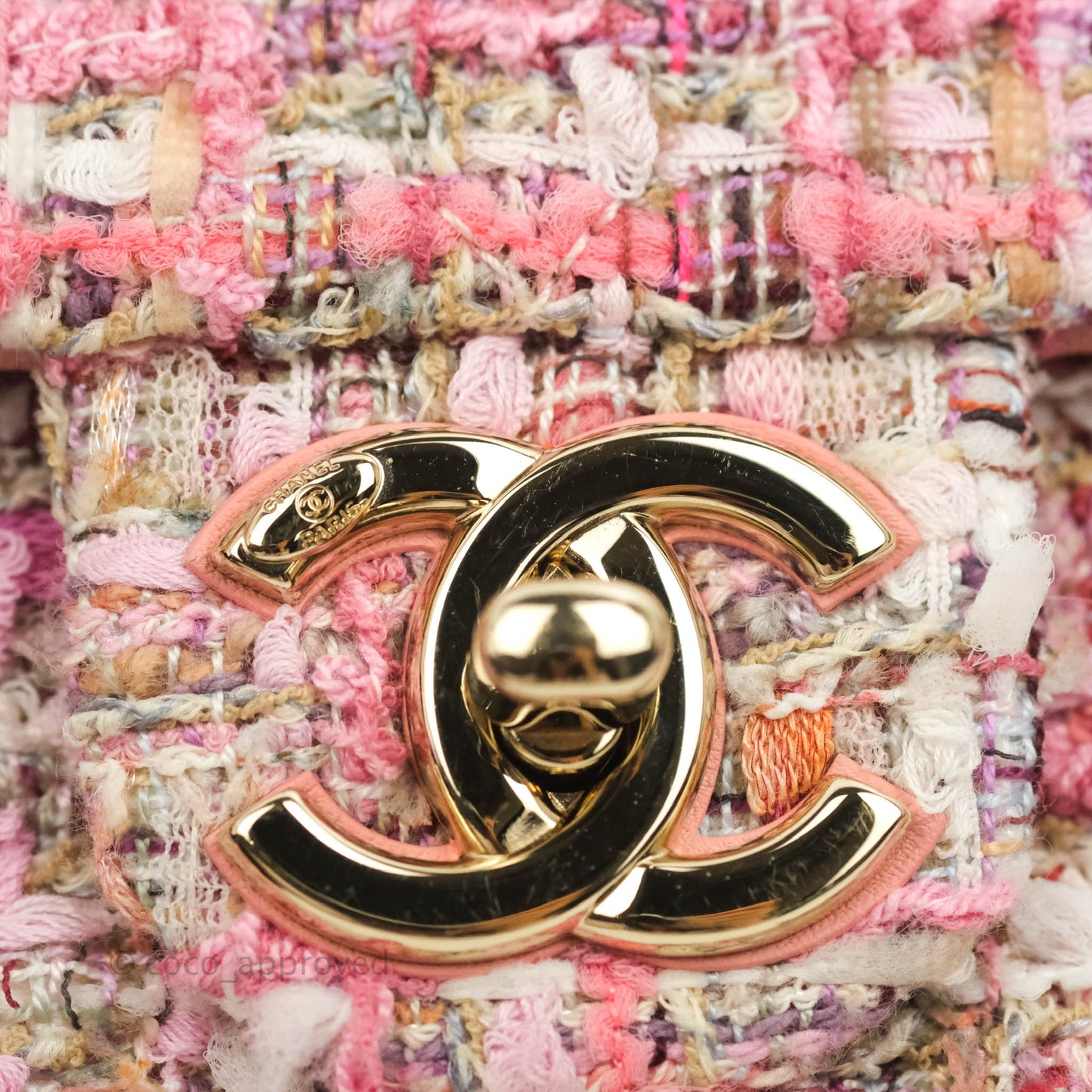 Chanel Medium Pink Tweed Flap Bag With Large Pearl Handle Gold Hardware