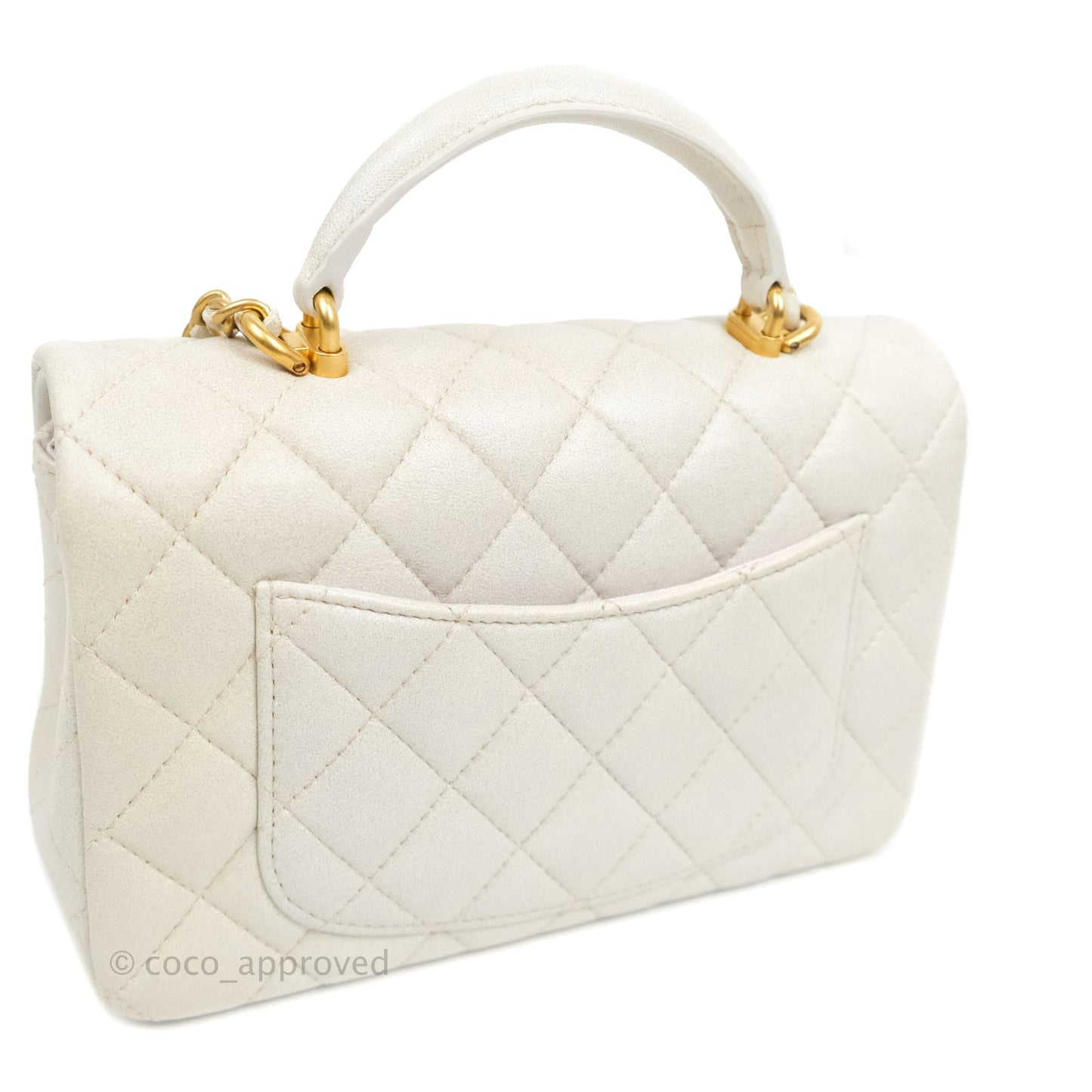 Chanel Top Handle Mini Rectangular Flap Bag Iridescent White Lambskin Aged Gold Hardware