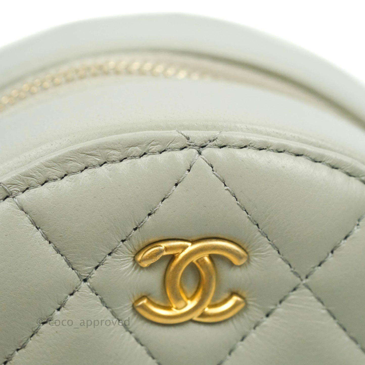Chanel Quilted Round Pearl Crush Clutch With Chain Grey Lambskin Aged Gold Hardware