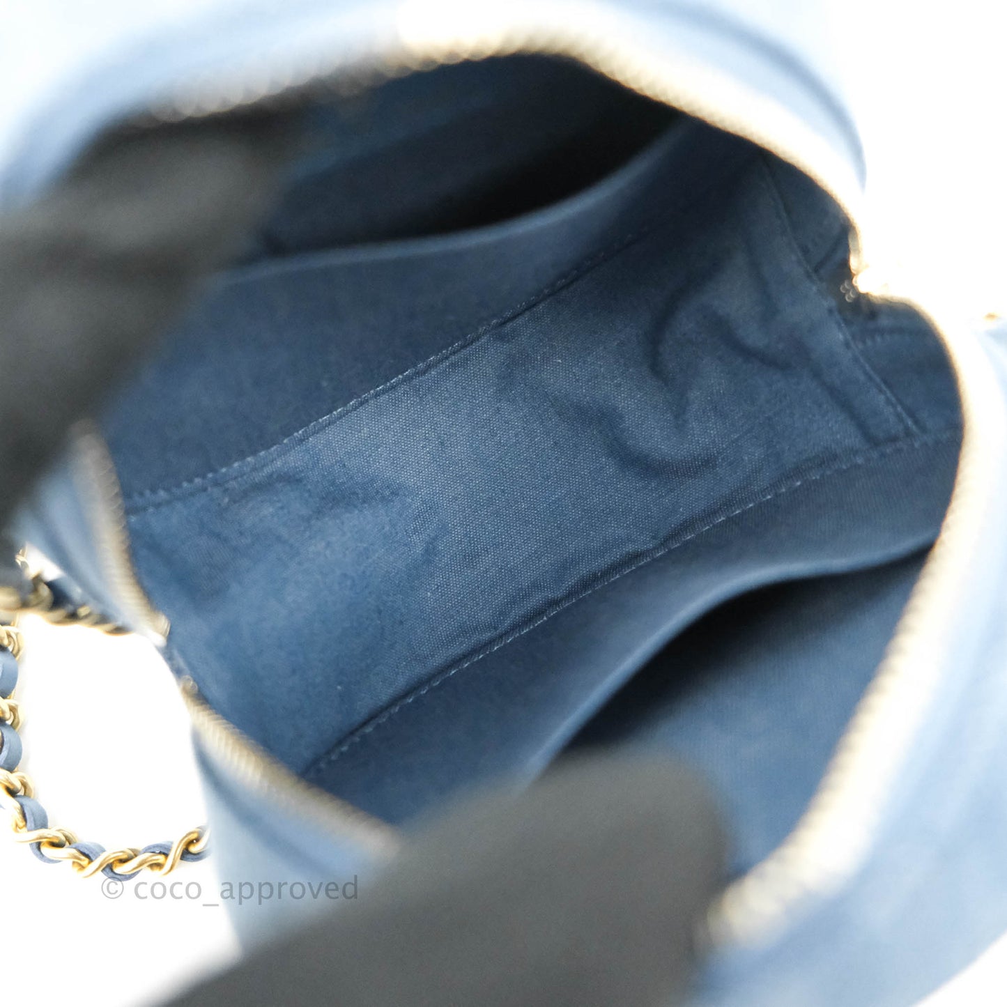 Chanel Quilted Pearl Crush Round Clutch With Chain Denim Aged Gold Hardware