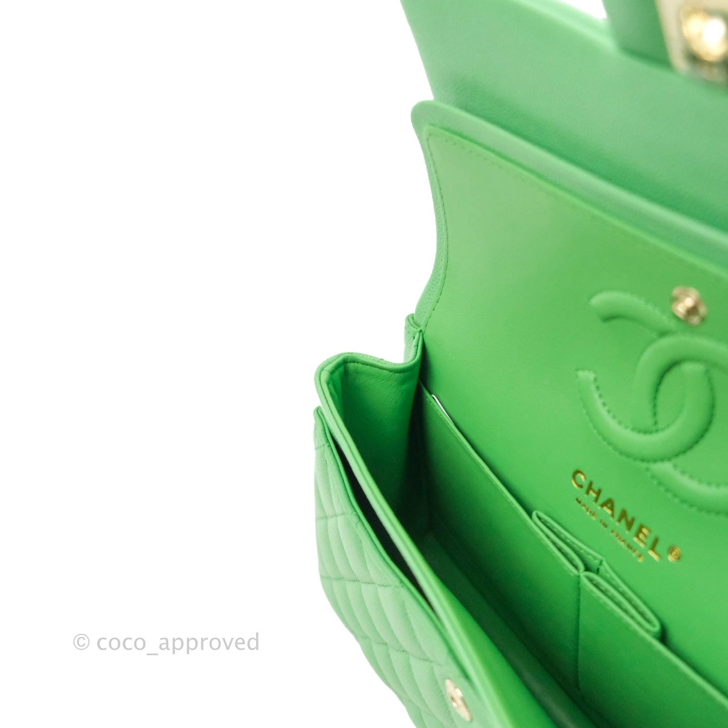 Chanel Small Classic Quilted Flap Green Caviar Gold Hardware
