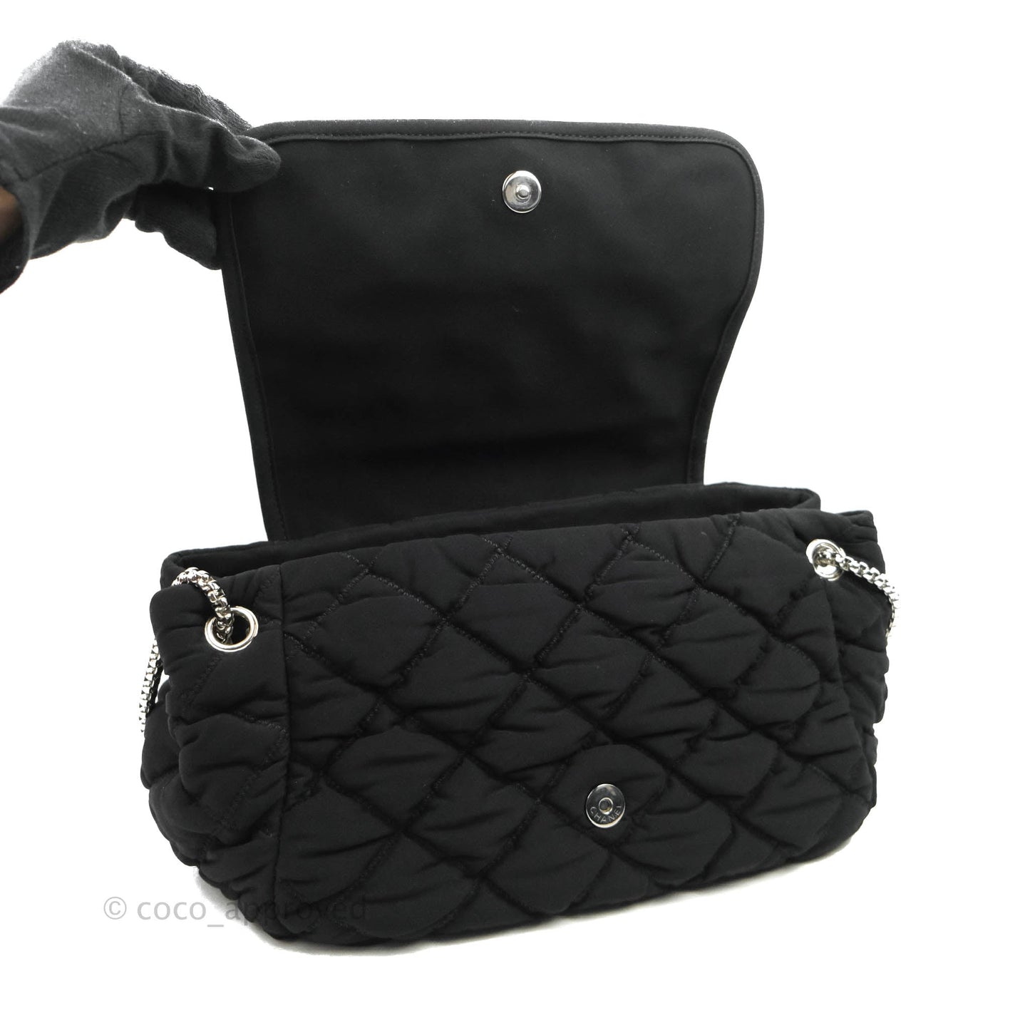 Chanel Black Jersey Bubble Quilt Accordion Flap Bag Silver Hardware