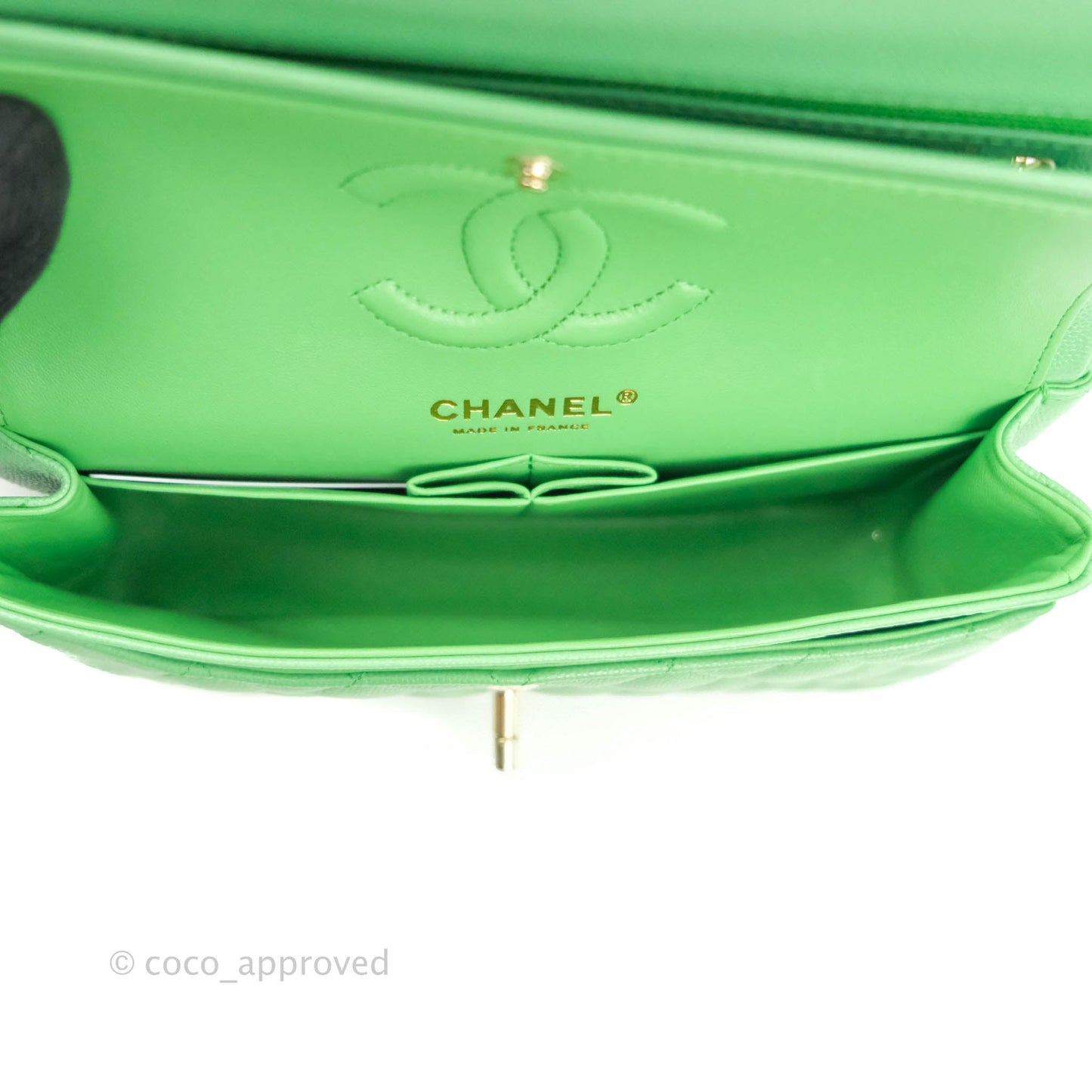 Chanel Small Classic Quilted Flap Green Caviar Gold Hardware
