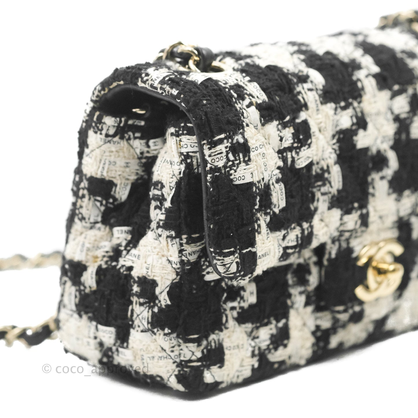 Chanel Quilted Mini Rectangular Flap Tweed Houndstooth Black & White Gold Hardware