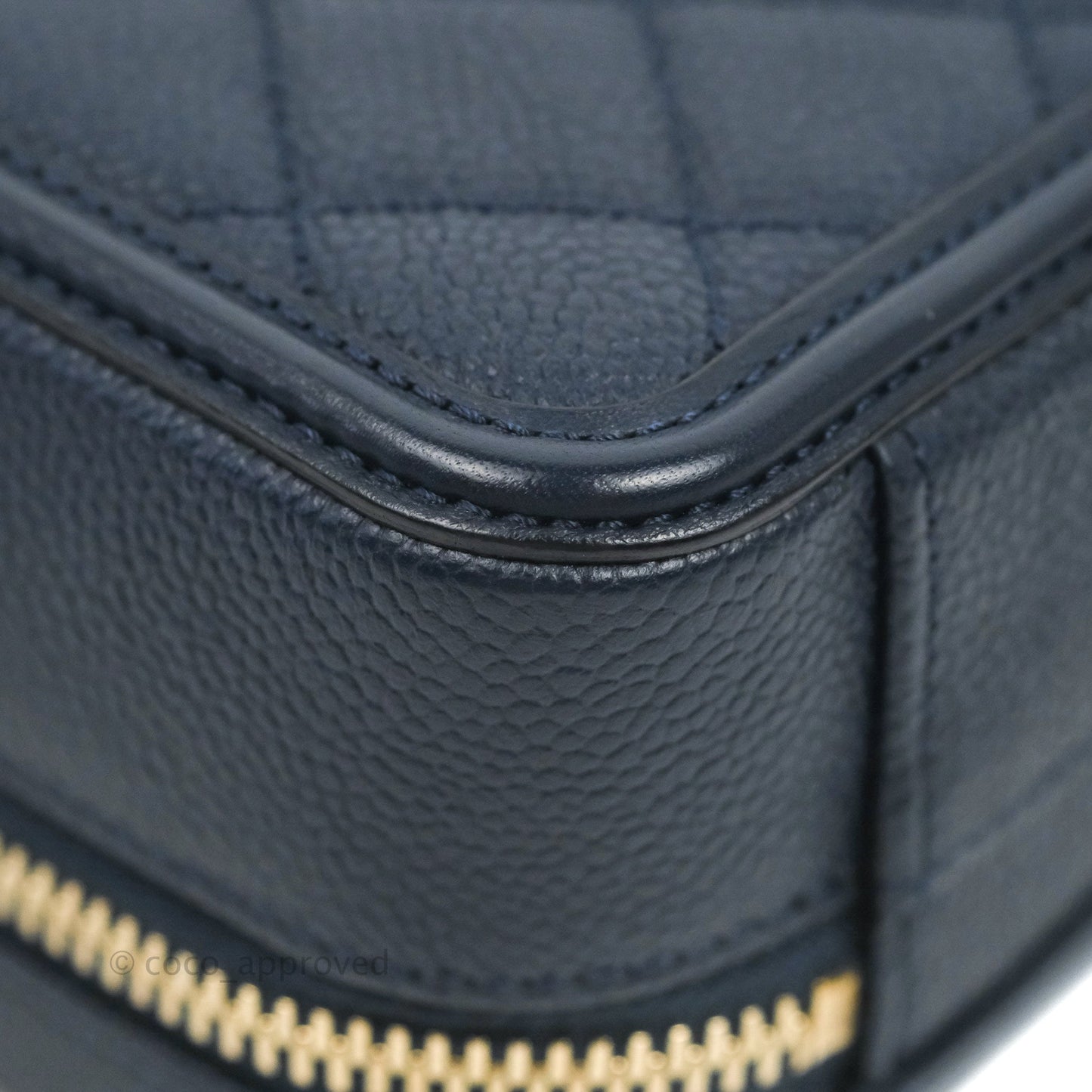 Chanel Quilted Small CC Filigree Vanity Case Navy Caviar Gold Hardware