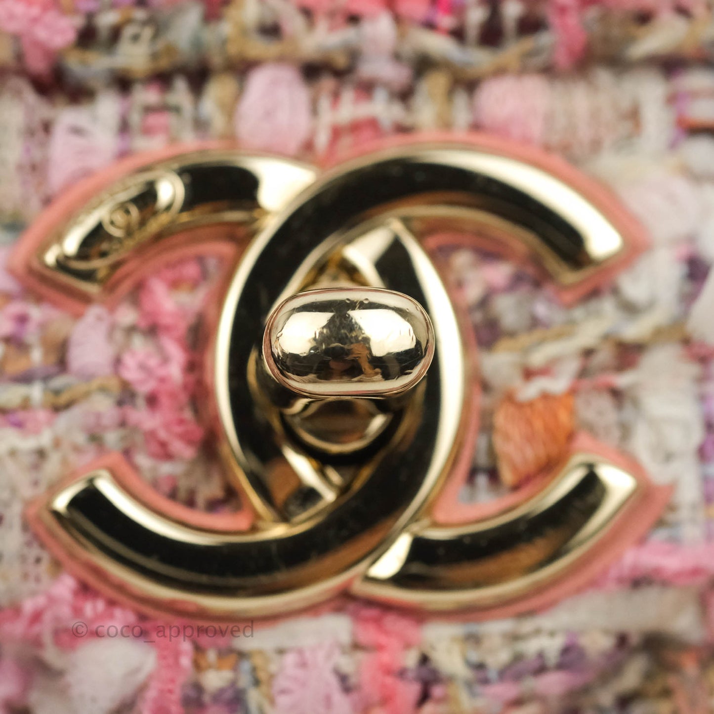 Chanel Medium Pink Tweed Flap Bag With Large Pearl Handle Gold Hardware