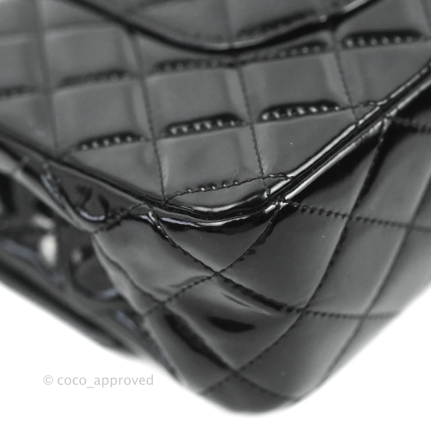 Chanel Classic Quilted M/L Medium Double Flap Black Patent Silver Hardware