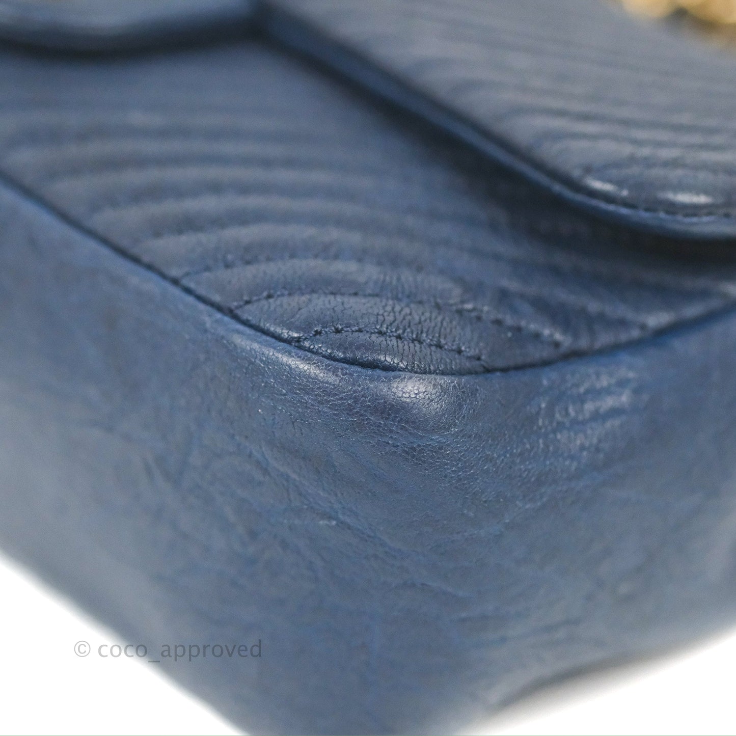 Chanel Small Chevron Surpique Flap Navy Calfskin Aged Gold Hardware