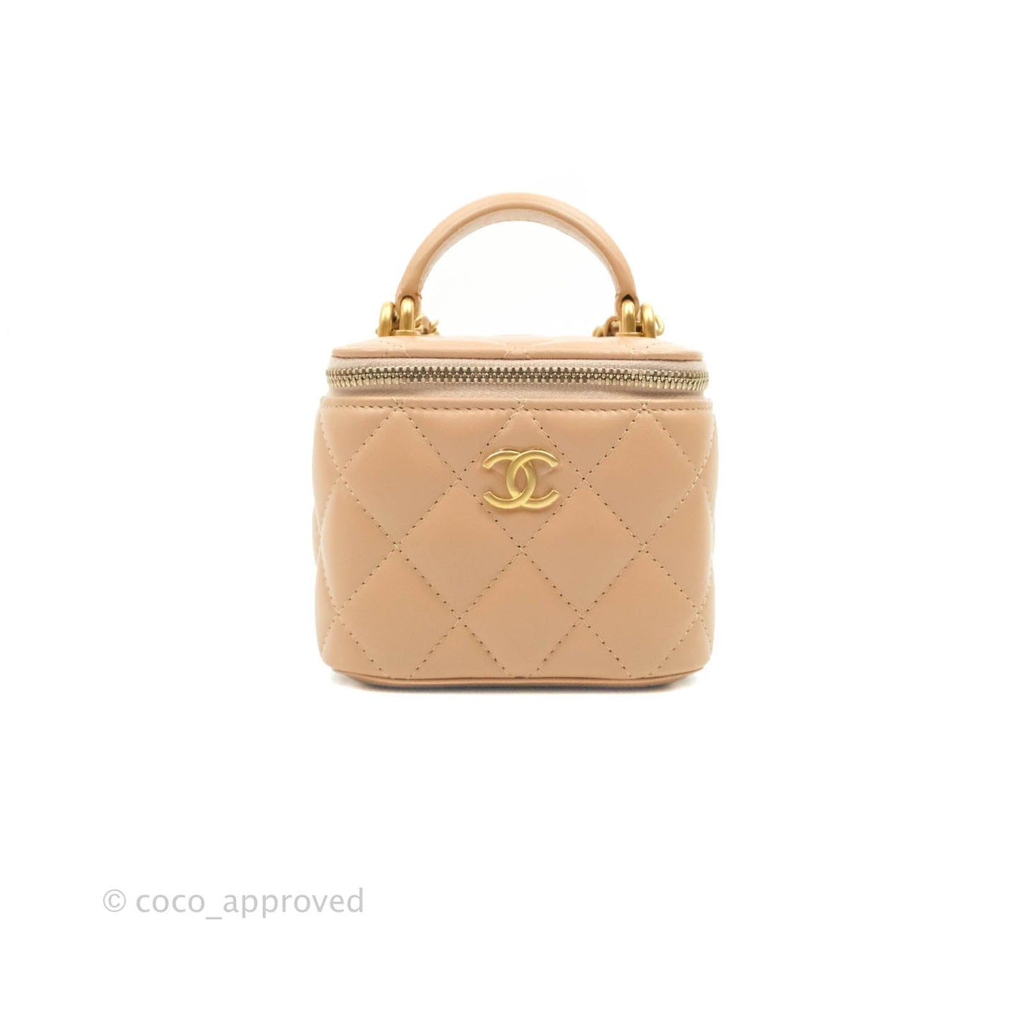 Chanel Mini Top Handle Vanity With Chain Beige Lambskin Aged Gold Hardware