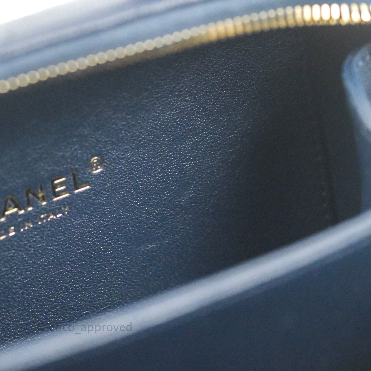 Chanel Quilted Small CC Filigree Vanity Case Navy Caviar Gold Hardware