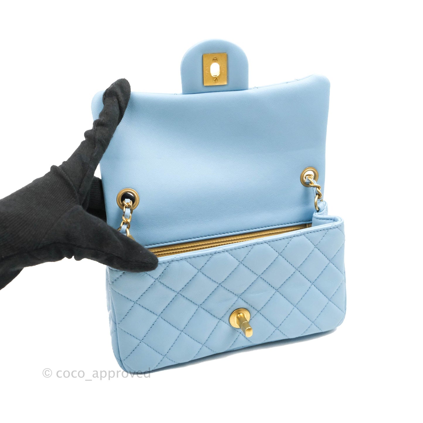 Chanel Mini Rectangular Pearl Crush Quilted Blue Lambskin Aged Gold Hardware