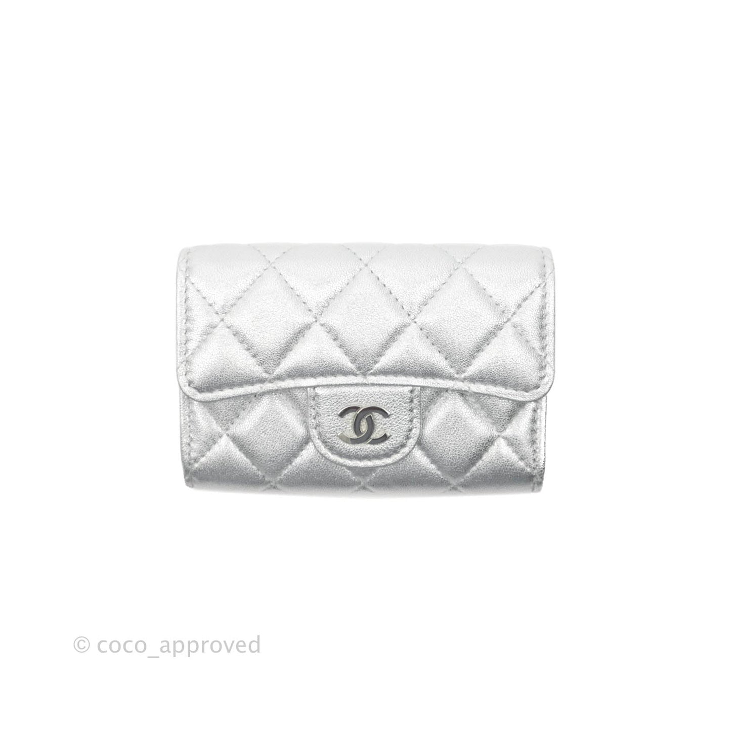Chanel Quilted Flap Card Holder Metallic Silver Lambskin Silver Hardware 21P