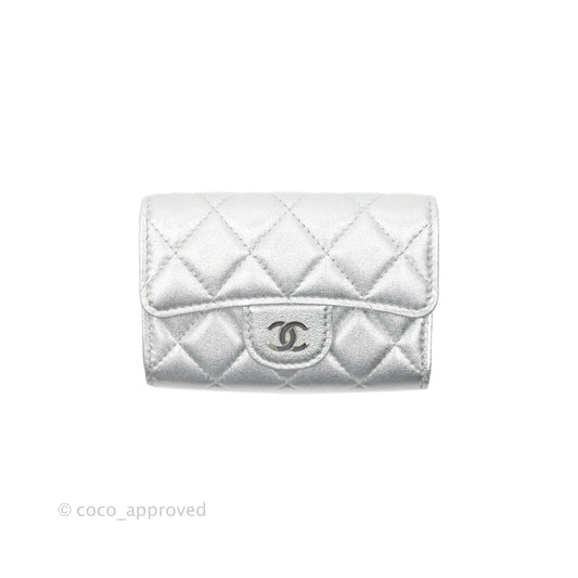 Chanel Quilted Flap Card Holder Metallic Silver Lambskin Silver Hardware 21P