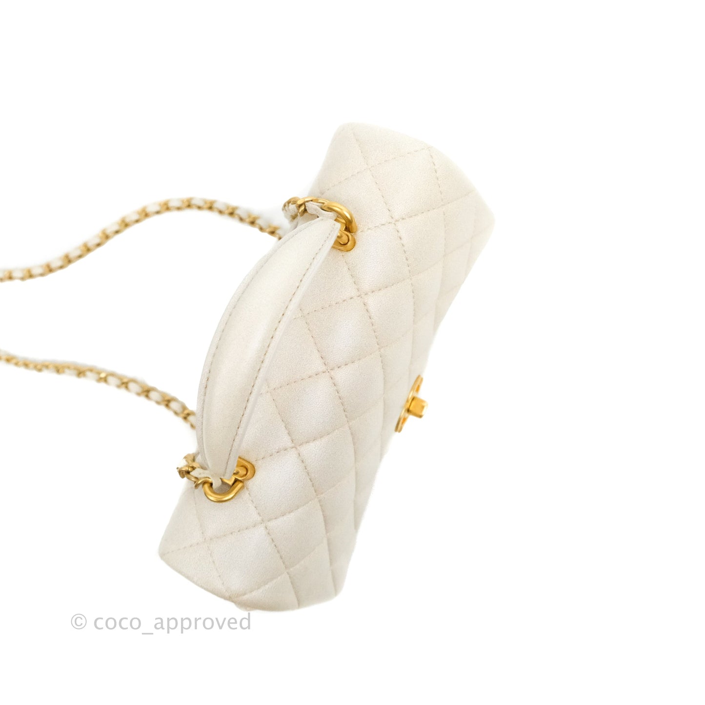 Chanel Top Handle Mini Rectangular Flap Bag Iridescent White Lambskin Aged Gold Hardware