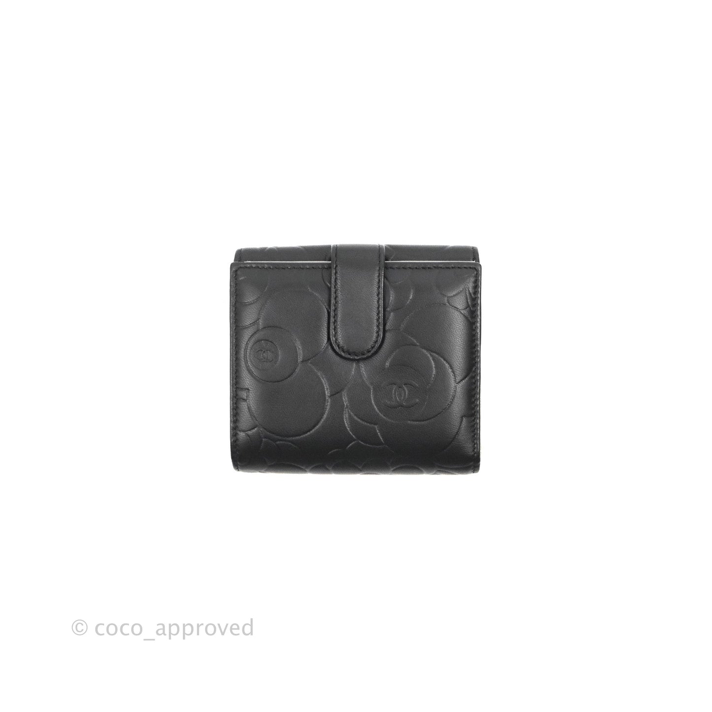 Chanel Camellia Embossed Tri-fold Short Wallet Black Lambskin Silver Hardware