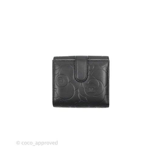 Chanel Camellia Embossed Tri-fold Short Wallet Black Lambskin Silver Hardware