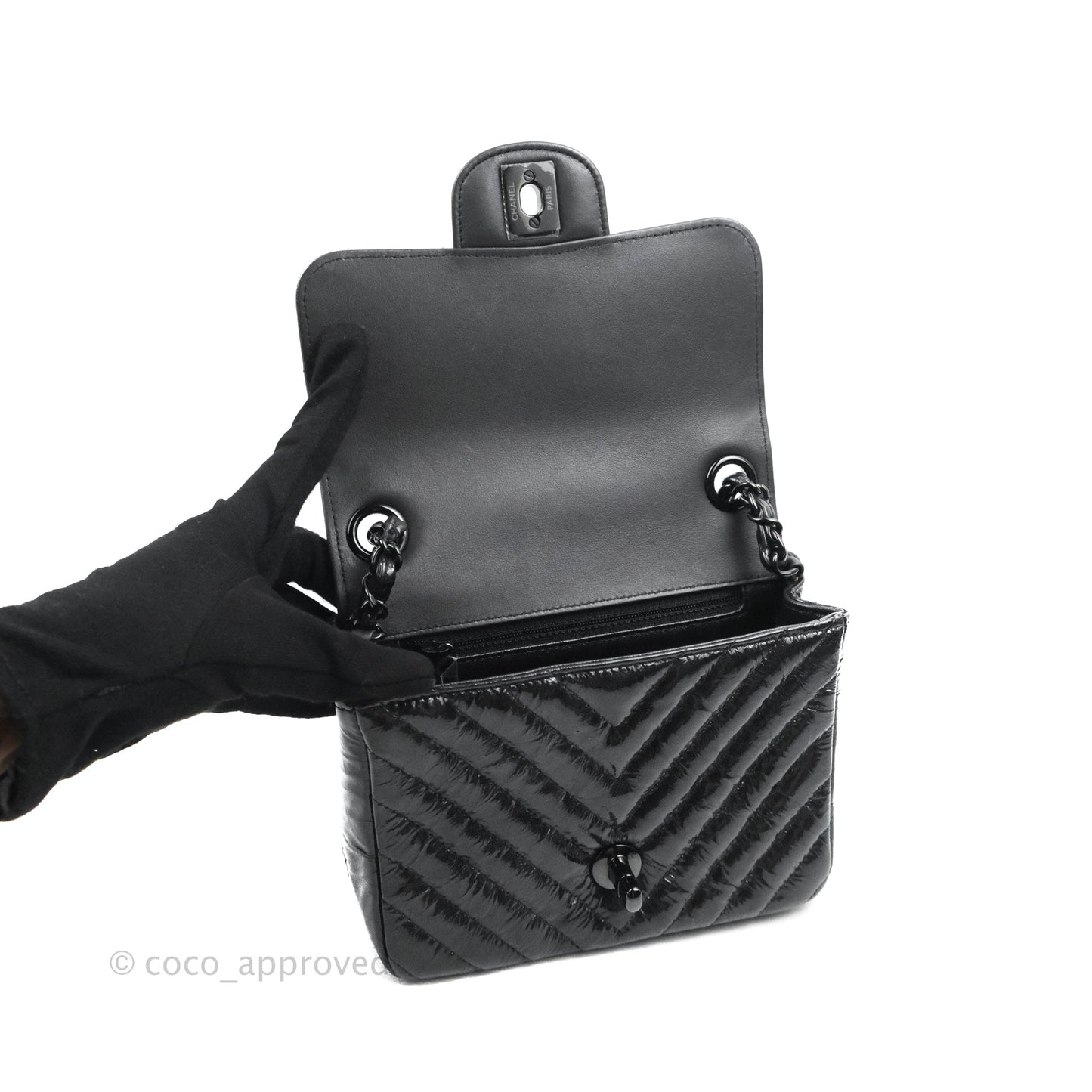 Chanel Mini Square Chevron Flap Black Crumpled Metallic Patent So Black