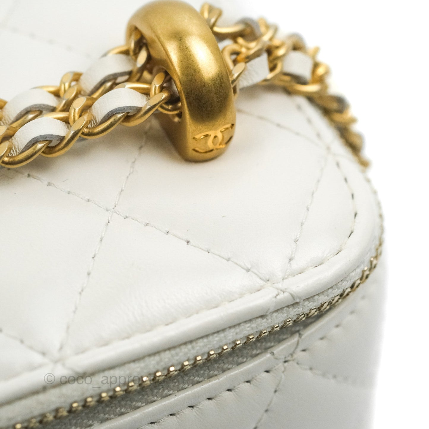 Chanel Quilted Mini Perfect Fit Vanity With Chain White Calfskin Aged Gold Hardware
