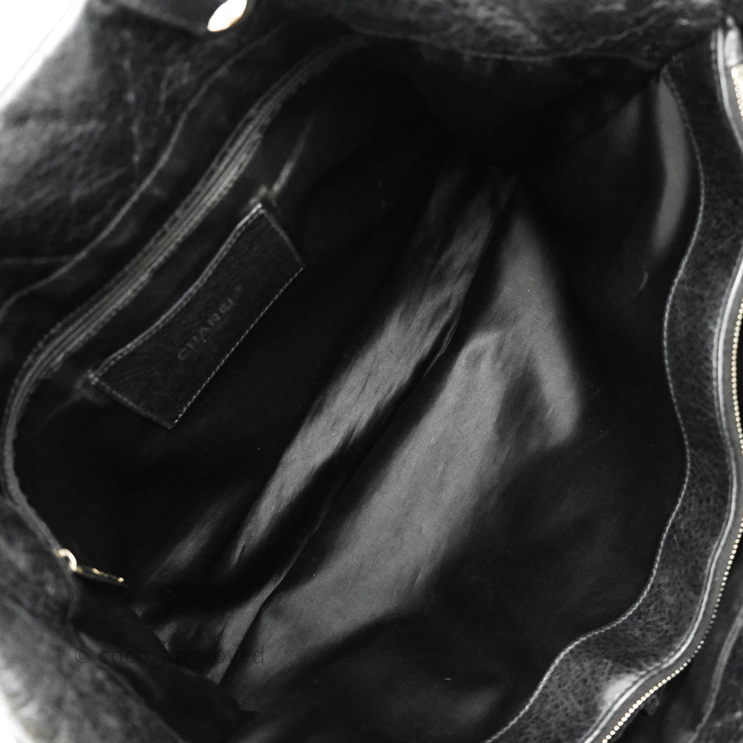 Chanel CC Flat Quilted Crumpled Calfskin Tote Bag Black Silver Hardware
