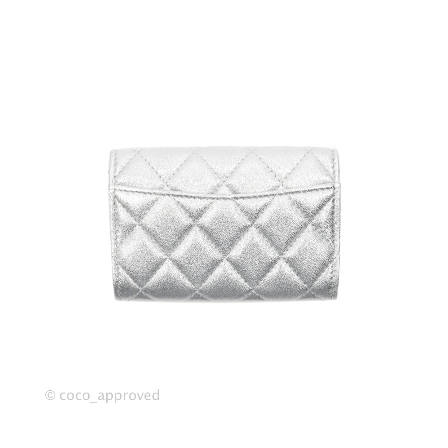 Chanel Quilted Flap Card Holder Metallic Silver Lambskin Silver Hardware 21P