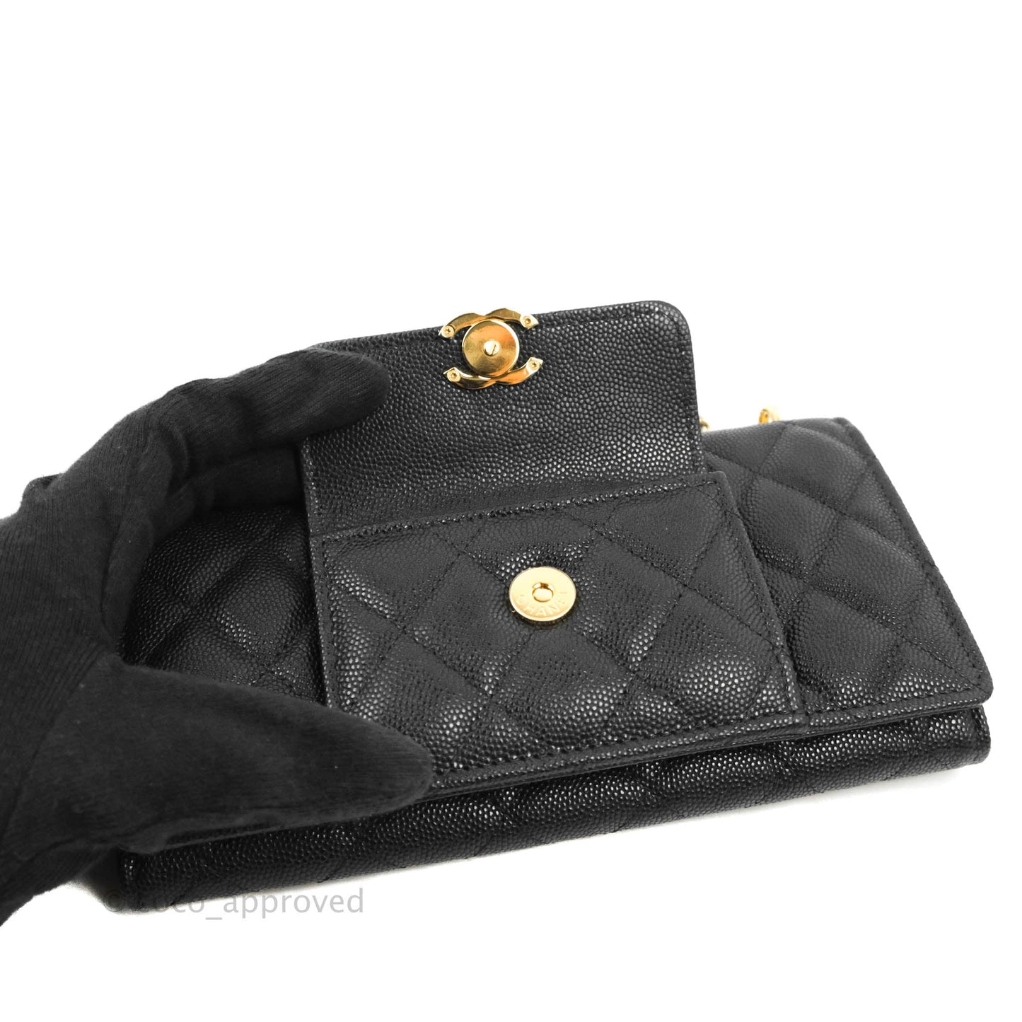 Chanel Quilted Pocket Long Wallet On Chain Black Caviar Gold Hardware 22A