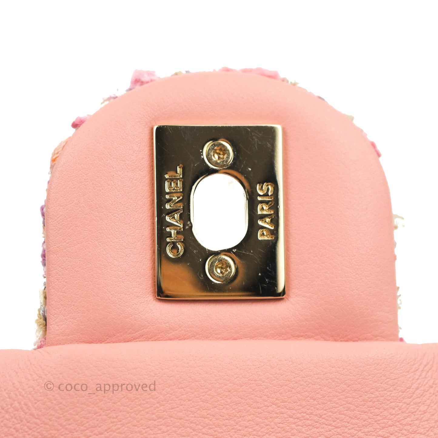 Chanel Medium Pink Tweed Flap Bag With Large Pearl Handle Gold Hardware