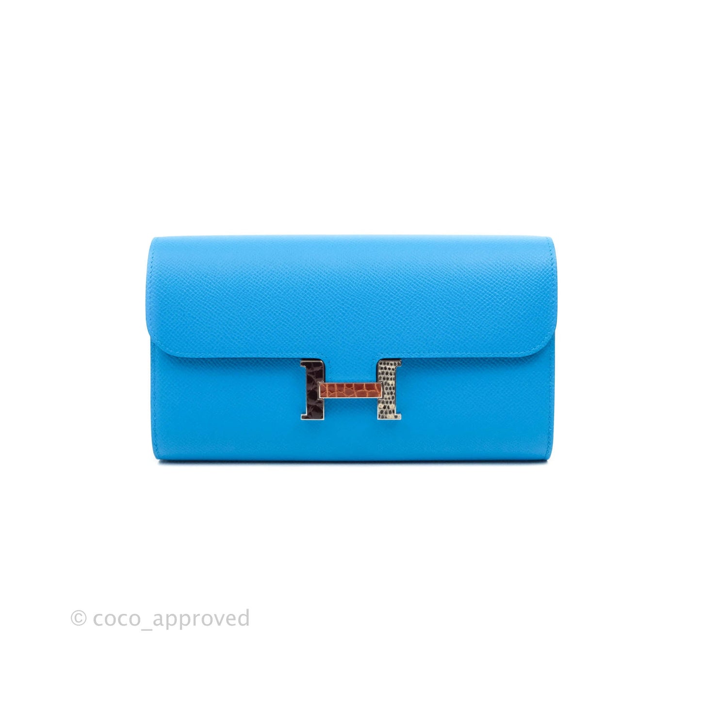Hermès Constance Long To Go Wallet Alligator Leather Lock Blue Epsom Palladium Hardware