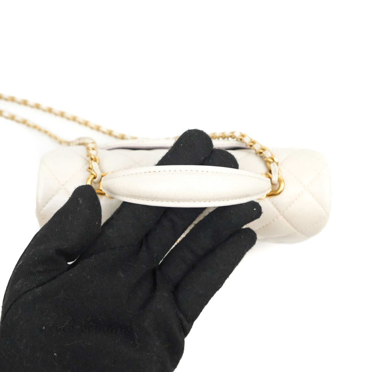 Chanel Top Handle Mini Rectangular Flap Bag Iridescent White Lambskin Aged Gold Hardware