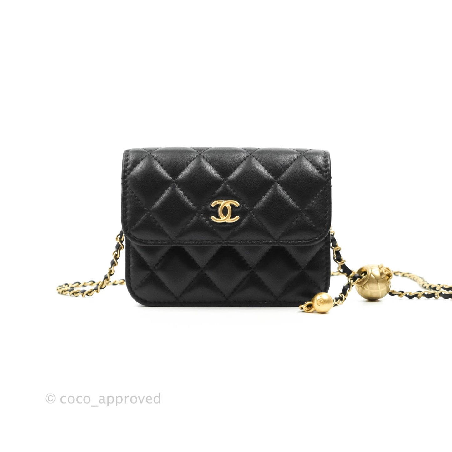Chanel Pearl Crush Card Holder Black Lambskin Aged Gold Hardware