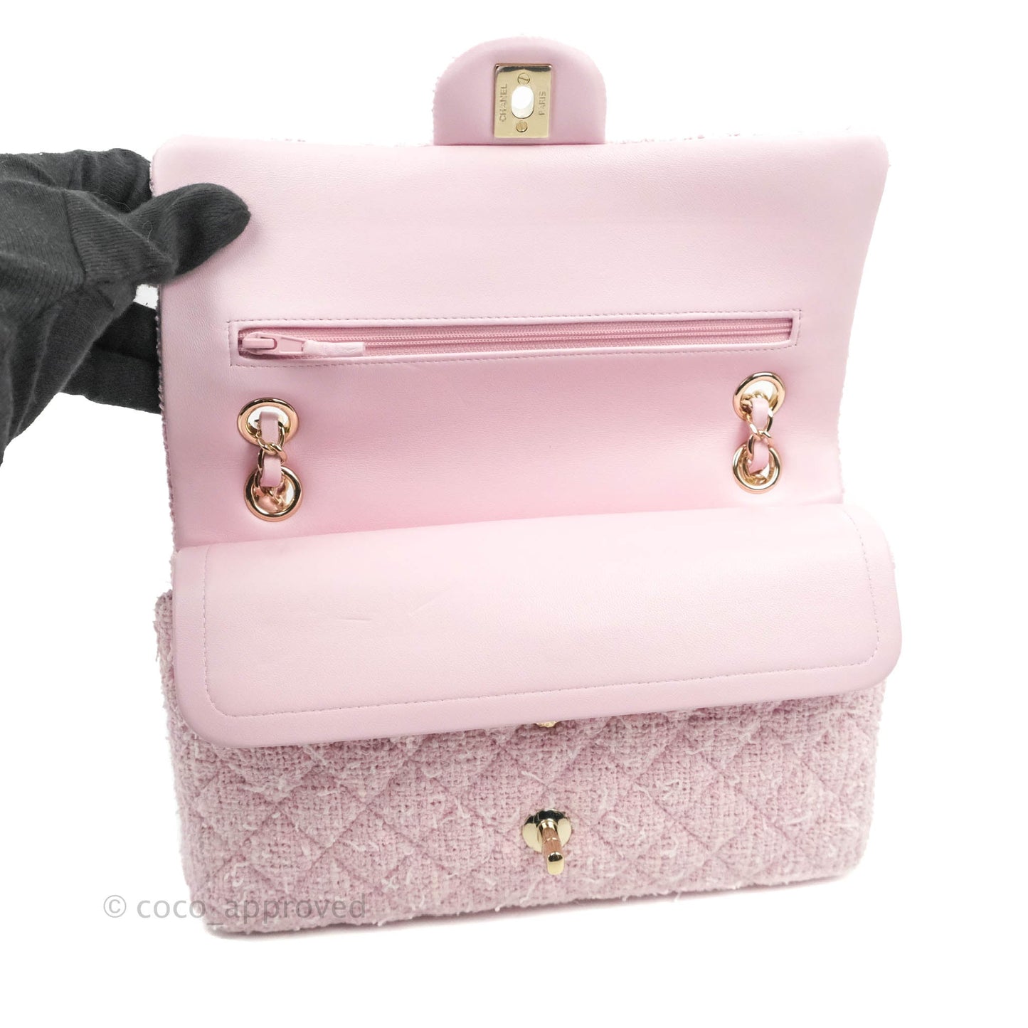 Chanel Classic M/L Medium Quilted Double Flap Bag Pink Tweed Gold Hardware