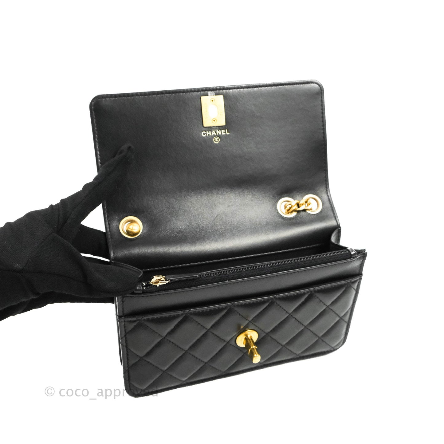 Chanel Quilted Wallet on Chain WOC Adjustable Chain Black Lambskin Aged Gold Hardware 22K
