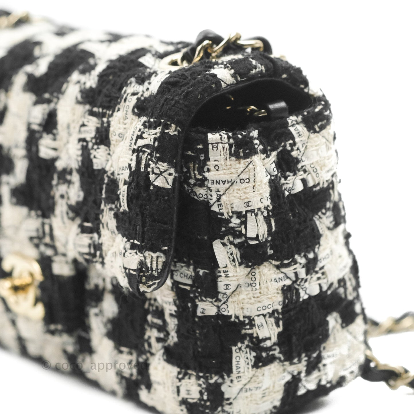 Chanel Quilted Mini Rectangular Flap Tweed Houndstooth Black & White Gold Hardware