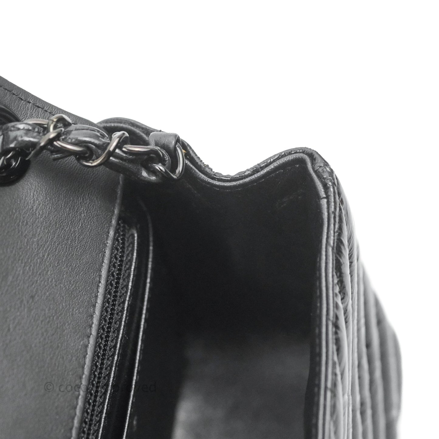 Chanel Mini Square Chevron Flap Black Crumpled Metallic Patent So Black