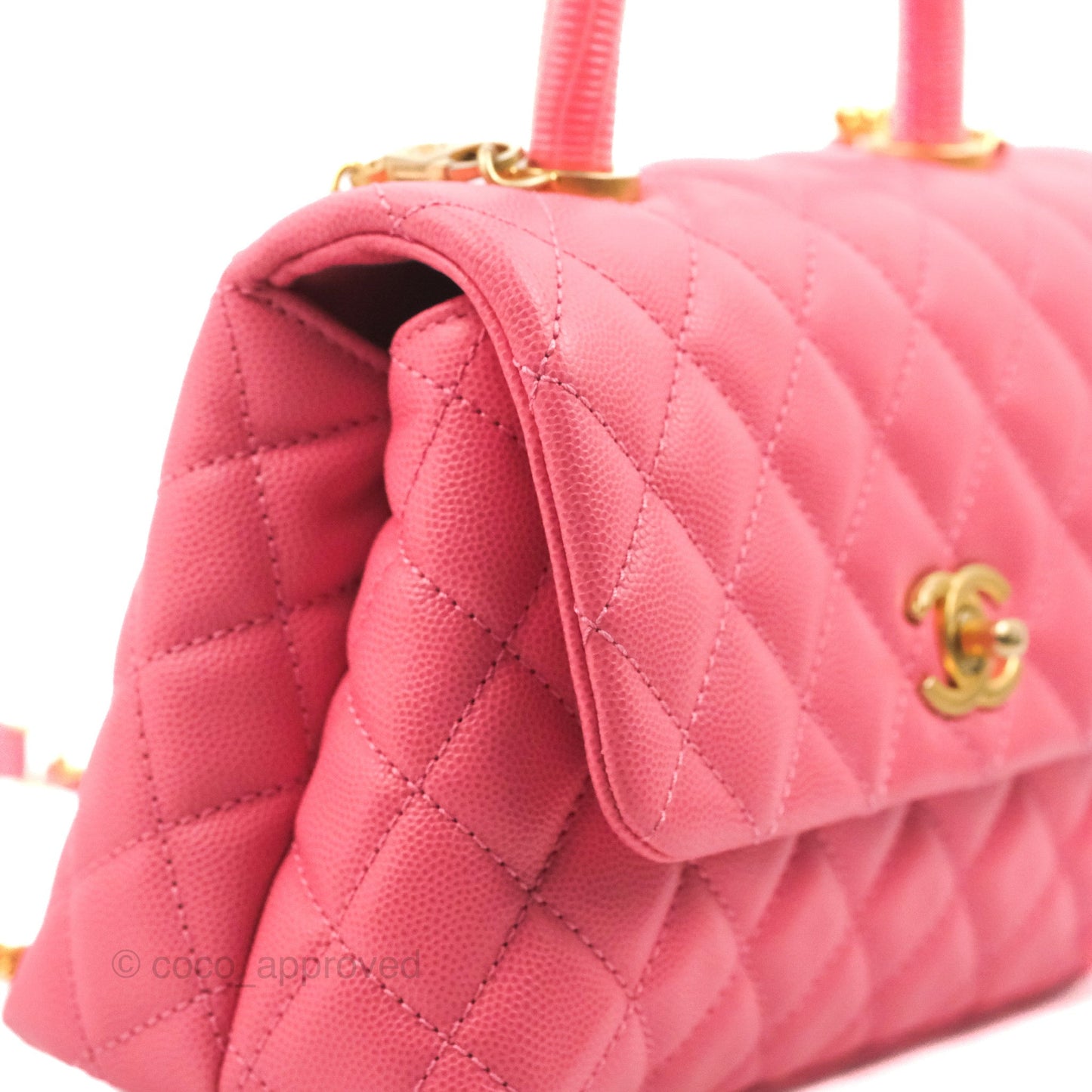 Chanel Small Coco Handle Quilted Pink Caviar Aged Gold Hardware Lizard Embossed Handle