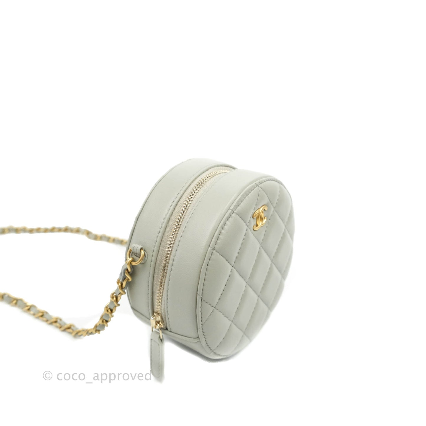 Chanel Quilted Round Pearl Crush Clutch With Chain Grey Lambskin Aged Gold Hardware