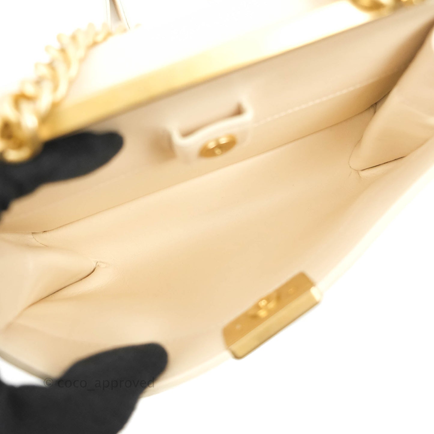 Chanel Small Flat Quilted Coco Luxe Flap Bag Light Beige Aged Gold Hardware