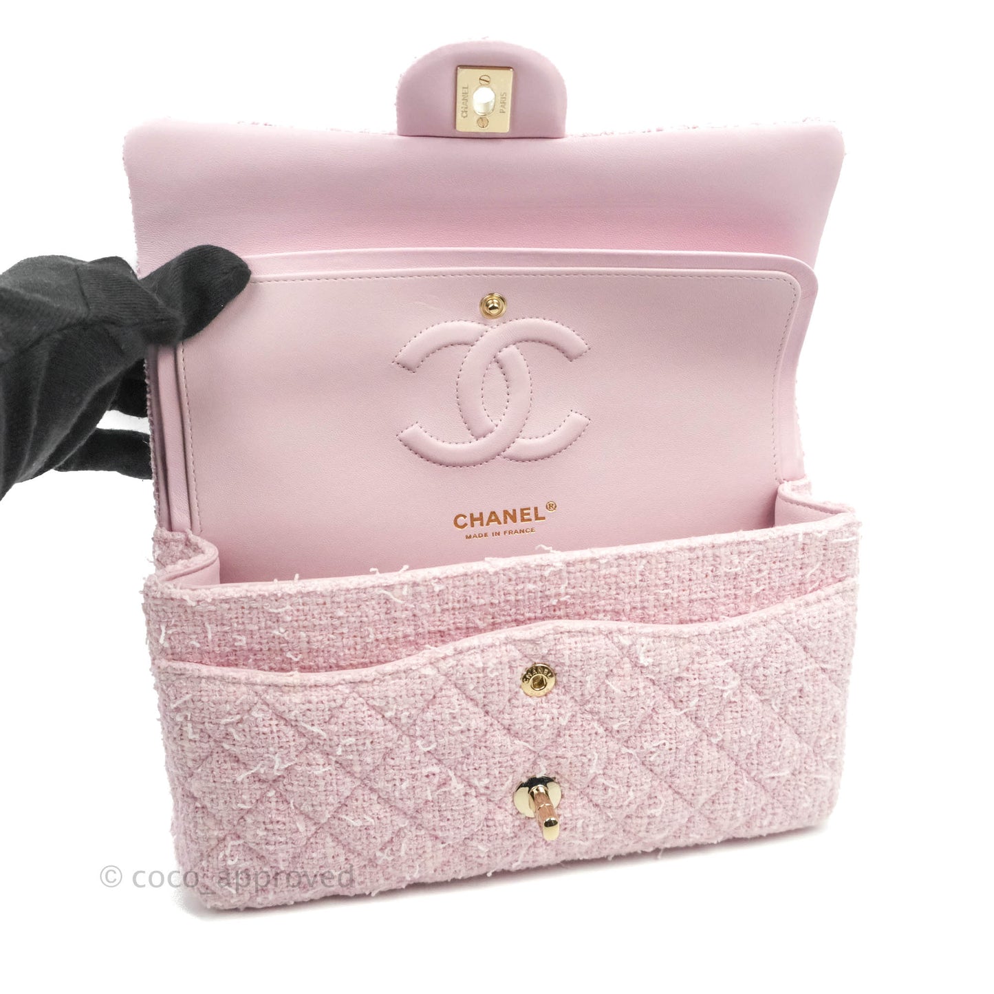 Chanel Classic M/L Medium Quilted Double Flap Bag Pink Tweed Gold Hardware