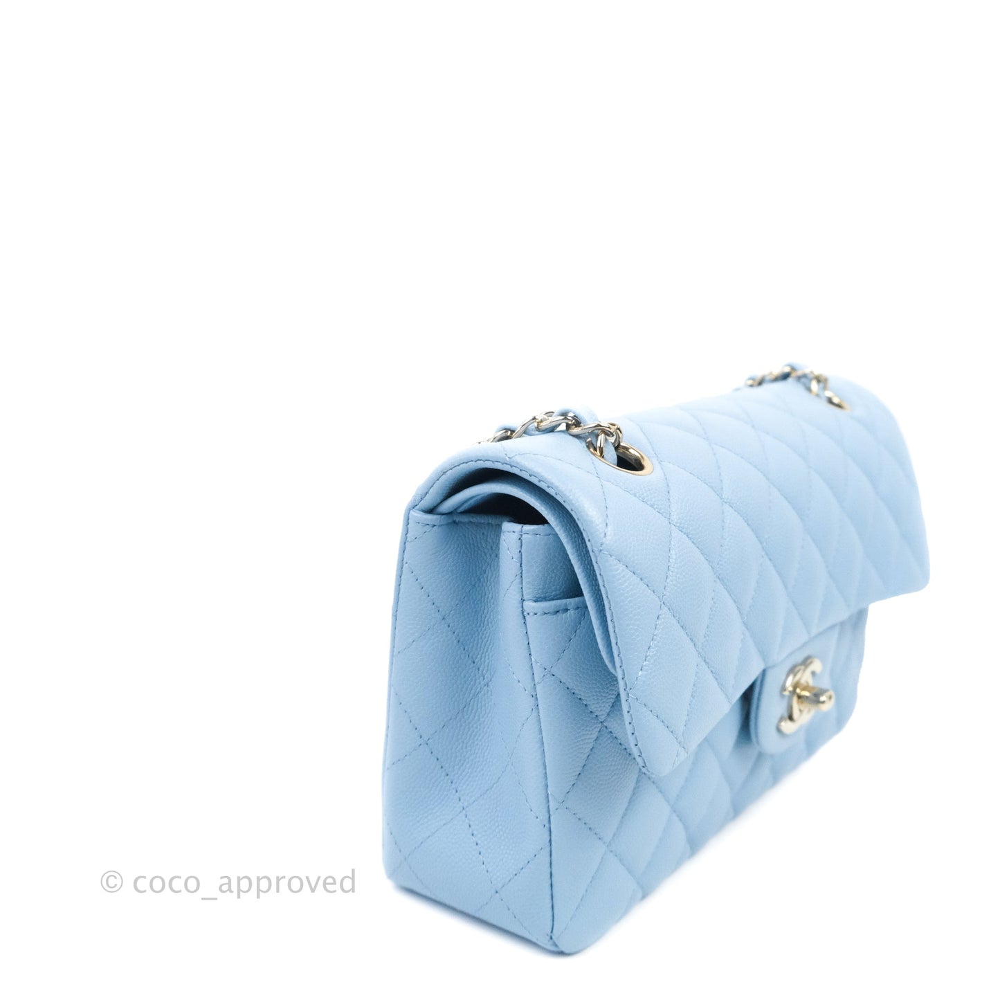 Chanel Small Classic Quilted Flap Light Blue Caviar Gold Hardware