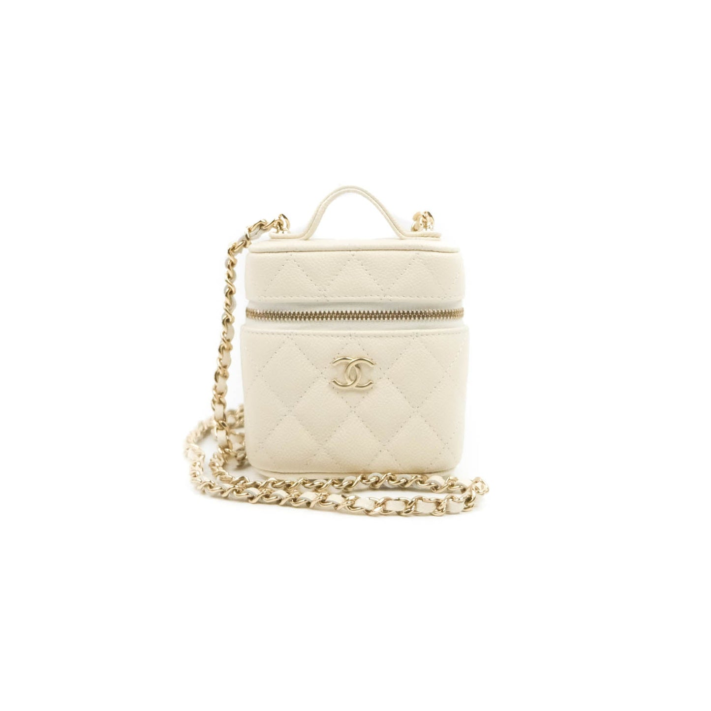 Chanel Quilted Small Handle With Care Vanity Case With Chain White Caviar Gold Hardware