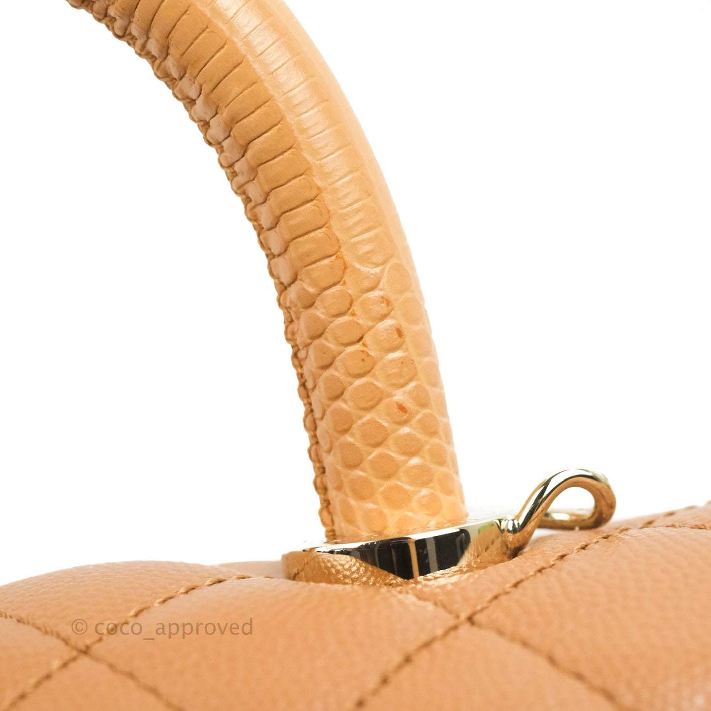 Chanel Mini Coco Handle Quilted Dark Beige Caramel Caviar Lizard Embossed Handle Gold Hardware
