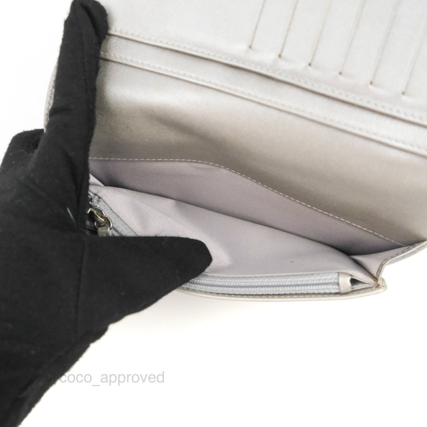 Chanel Yen Camellia Embossed Wallet Black Lambskin Silver Hardware