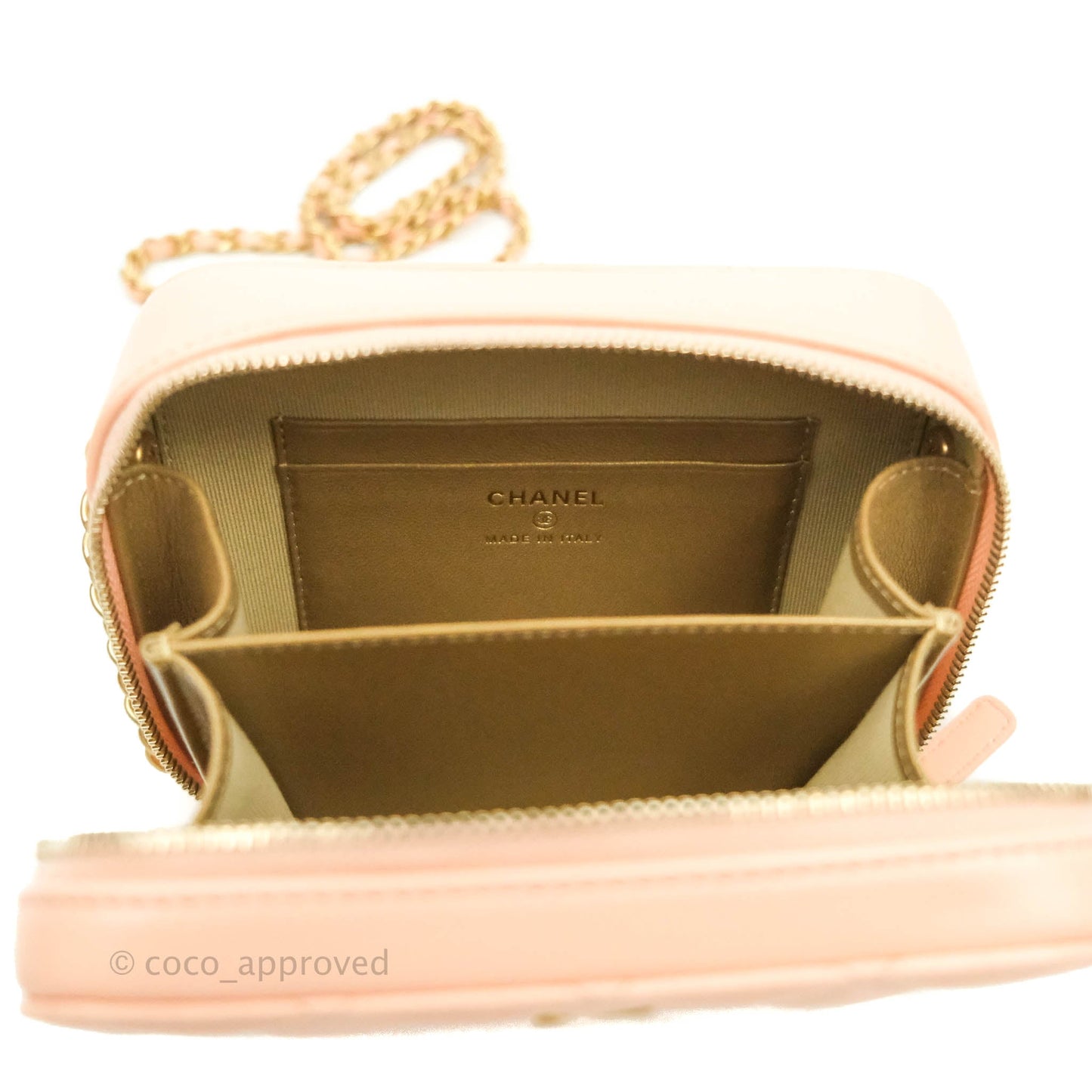 Chanel Mini Pearl Crush Quilted Camera Case Beige Pink Lambskin Aged Gold Hardware