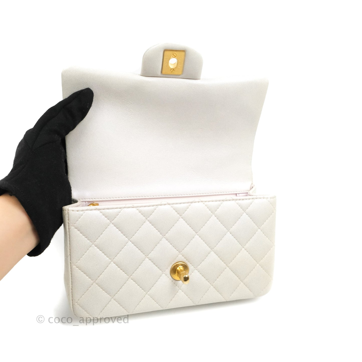 Chanel Top Handle Mini Rectangular Flap Bag Iridescent White Lambskin Aged Gold Hardware