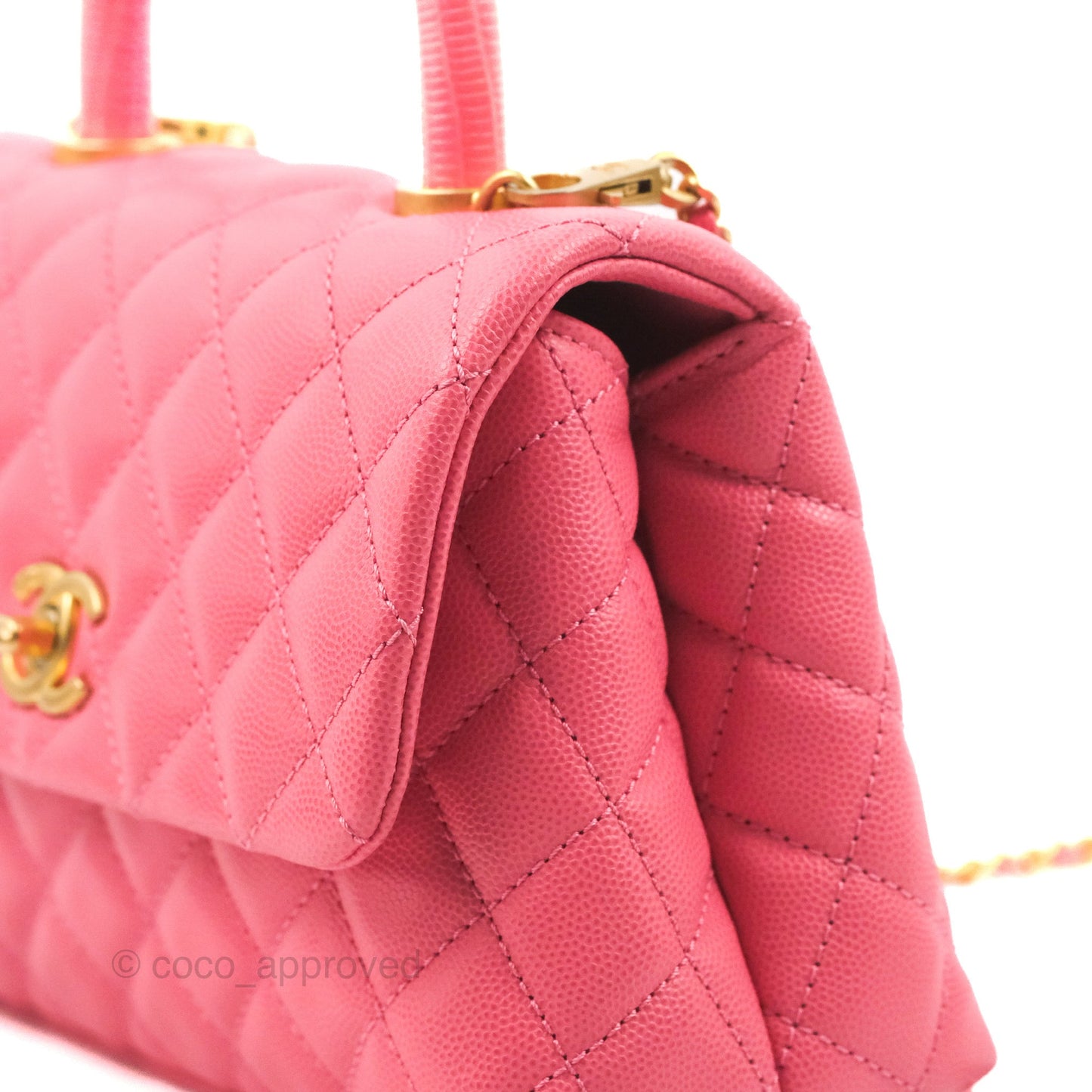 Chanel Small Coco Handle Quilted Pink Caviar Aged Gold Hardware Lizard Embossed Handle