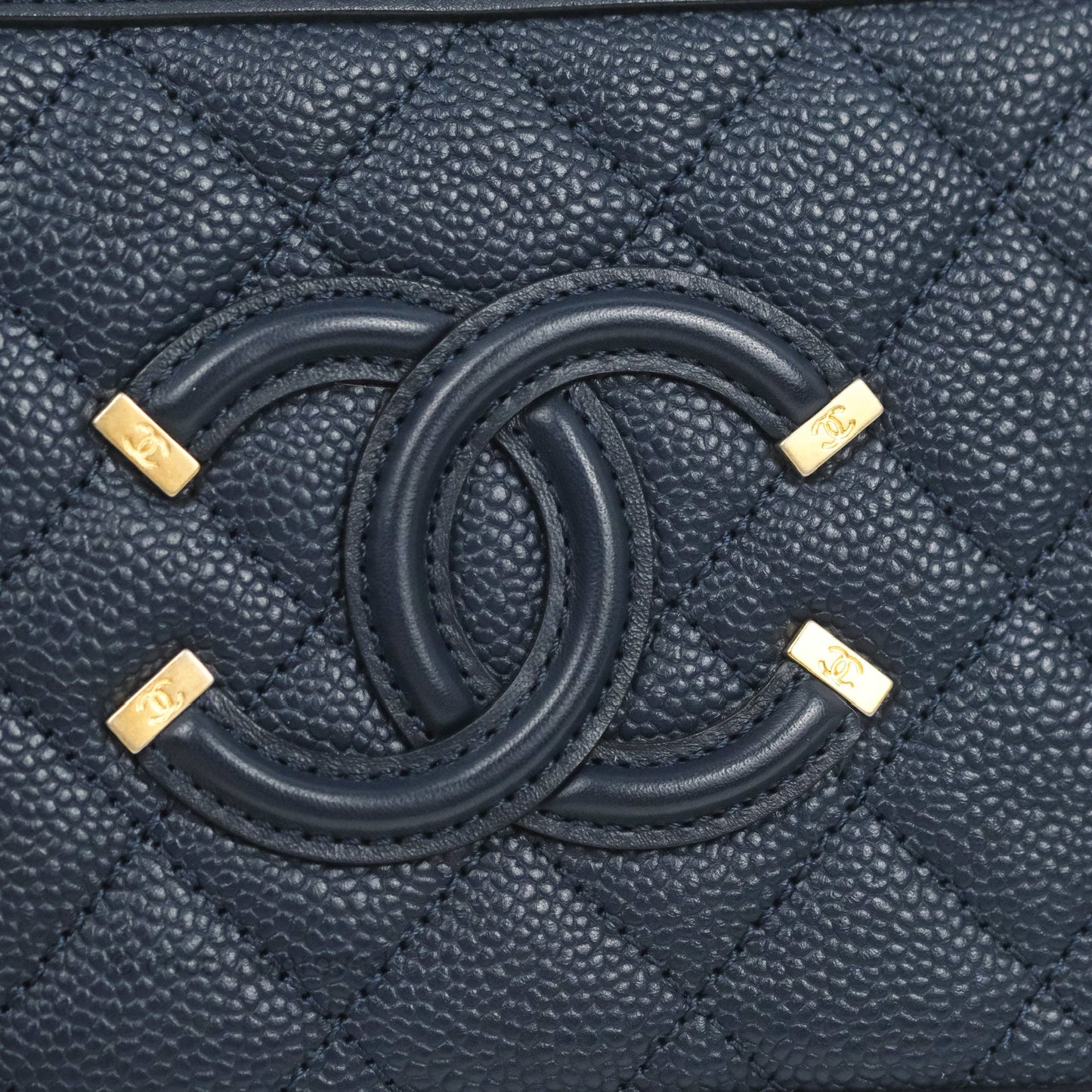 Chanel Quilted Small CC Filigree Vanity Case Navy Caviar Gold Hardware