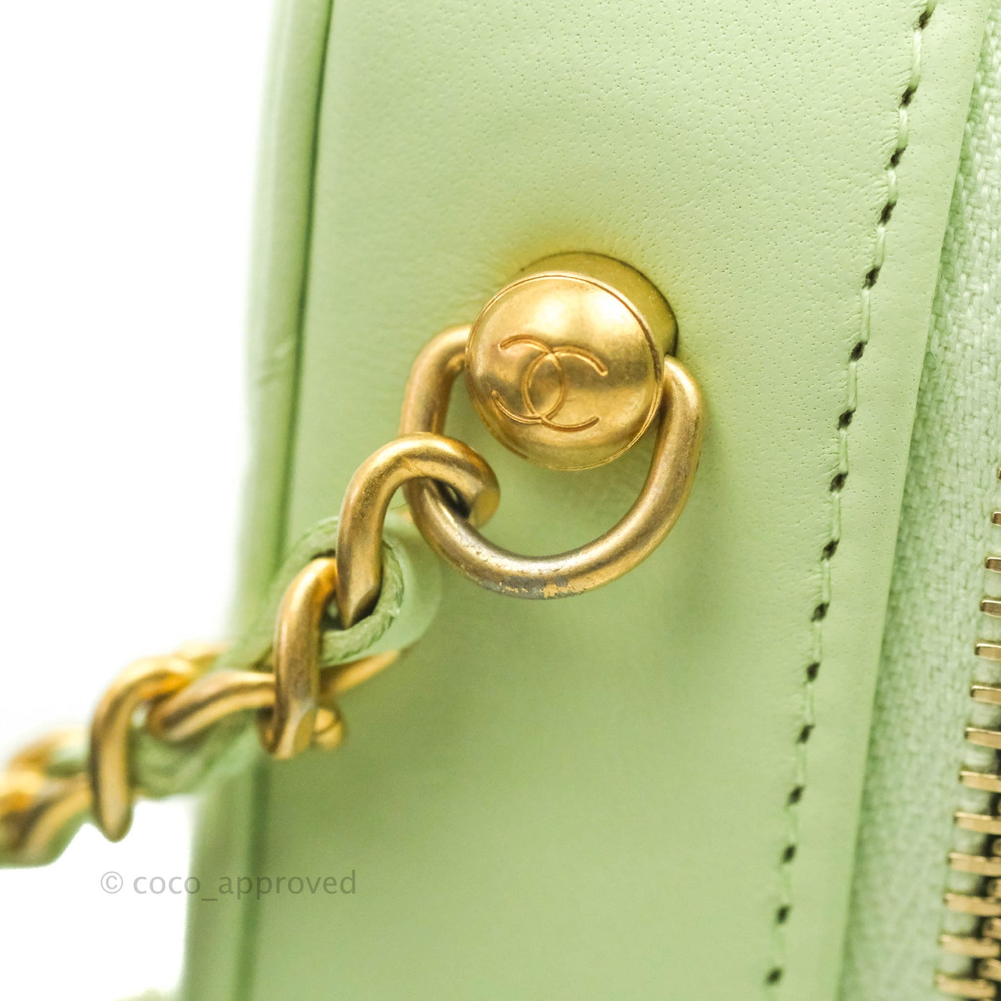 Chanel Mini Pearl Crush Quilted Camera Case Pastel Green Lambskin Aged Gold Hardware