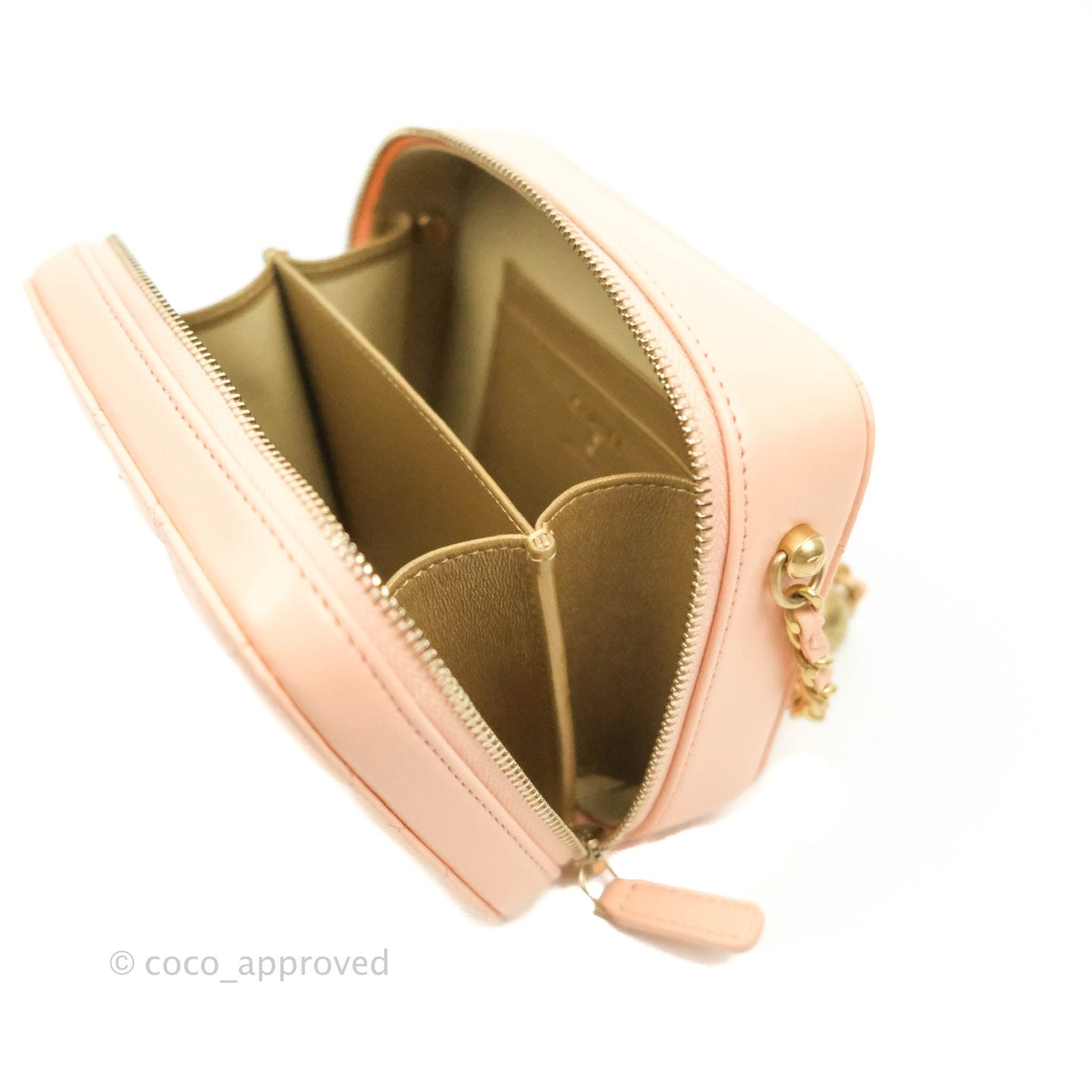 Chanel Mini Pearl Crush Quilted Camera Case Beige Pink Lambskin Aged Gold Hardware