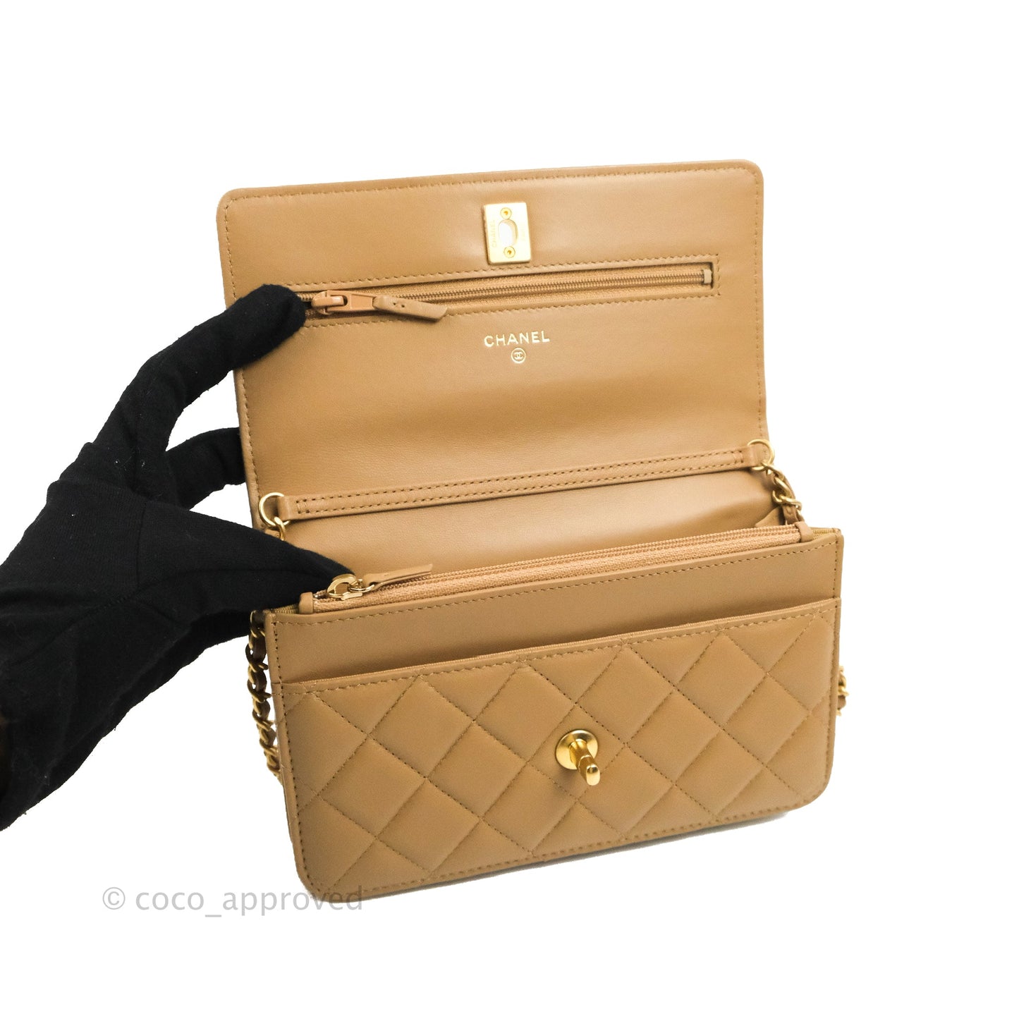 Chanel Quilted Pearl Crush Wallet on Chain WOC Beige Lambskin Aged Gold Hardware
